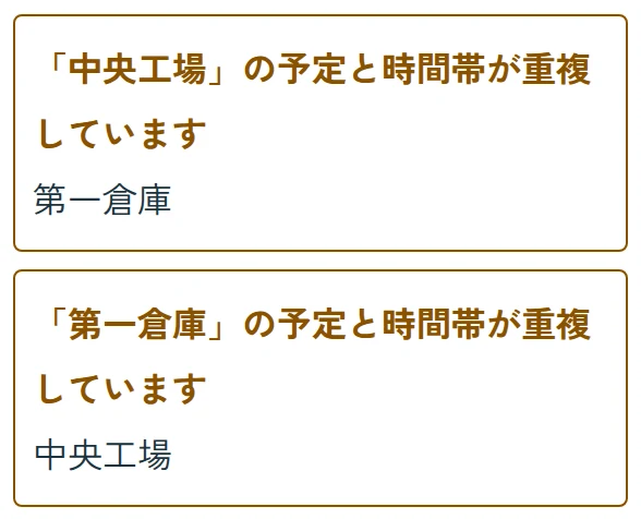 警告の一覧。「中央工場」の予定と時間帯が重複しています、などの警告が並ぶ。