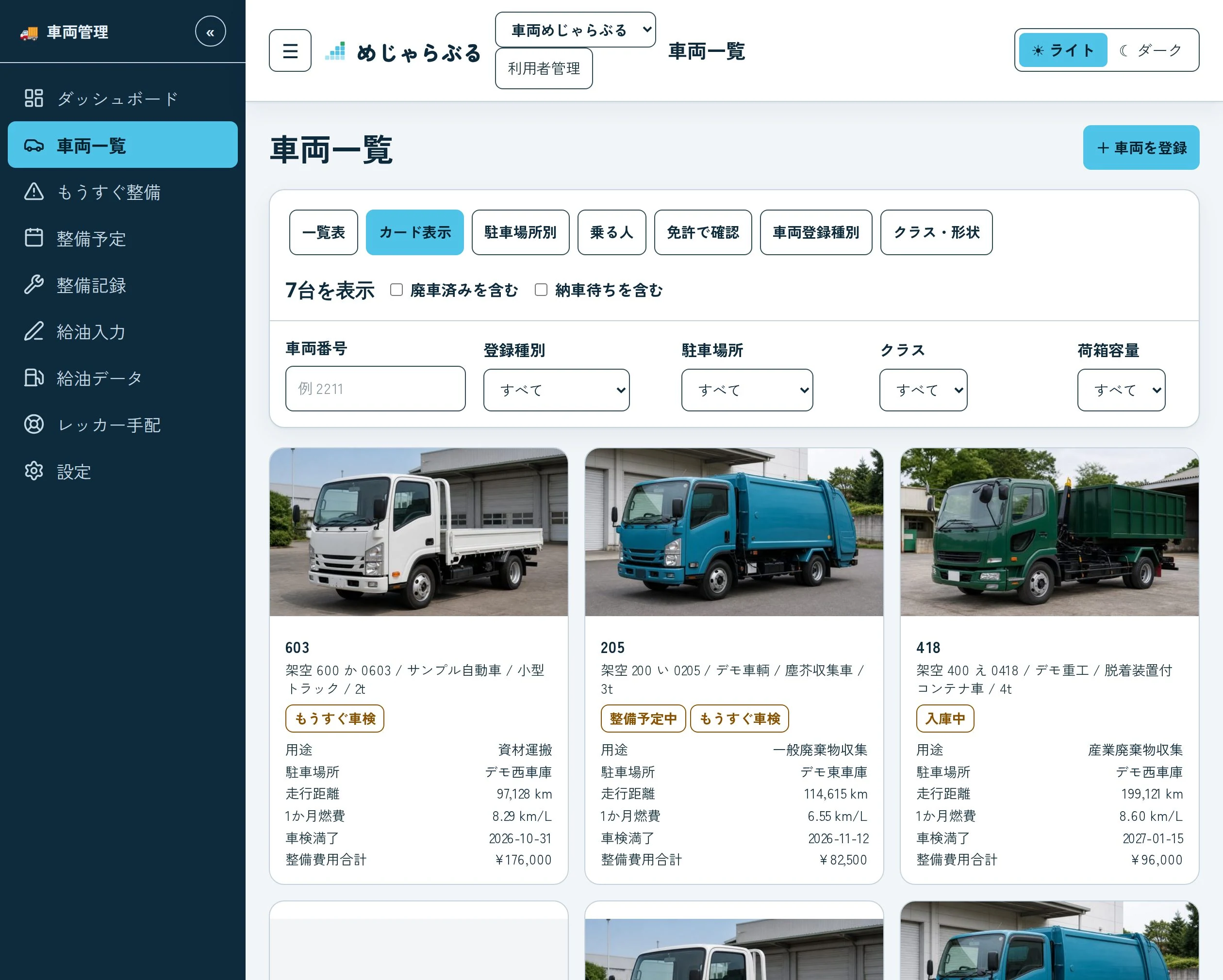 車両一覧の画面。車両の写真つきのカードに、車両番号、走行距離、車検満了日、整備費用の合計が表示されている。